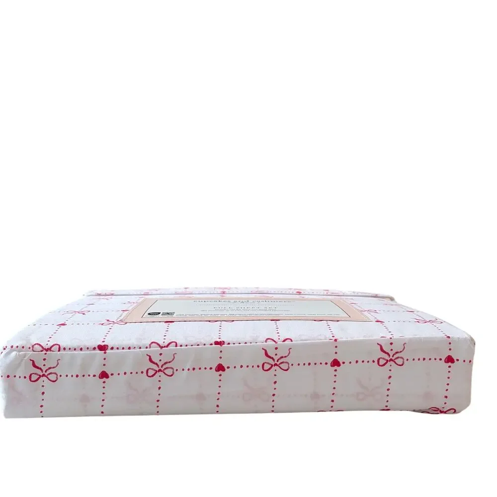 Cupcakes & Cashmere Checkered Bow FULL Sheet Set Chic Pink & White Bedding NEW